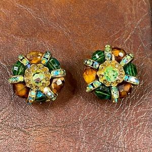 Vintage SIGNED Hobe Earth Tone Beaded Clip On Earrings